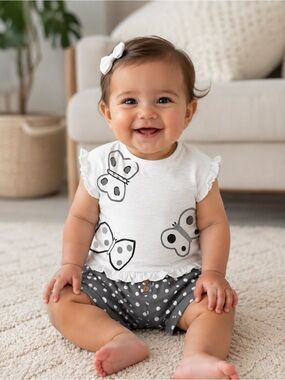 Mayoral White & Gray Butterfly Tee with Polka Dot Shorts